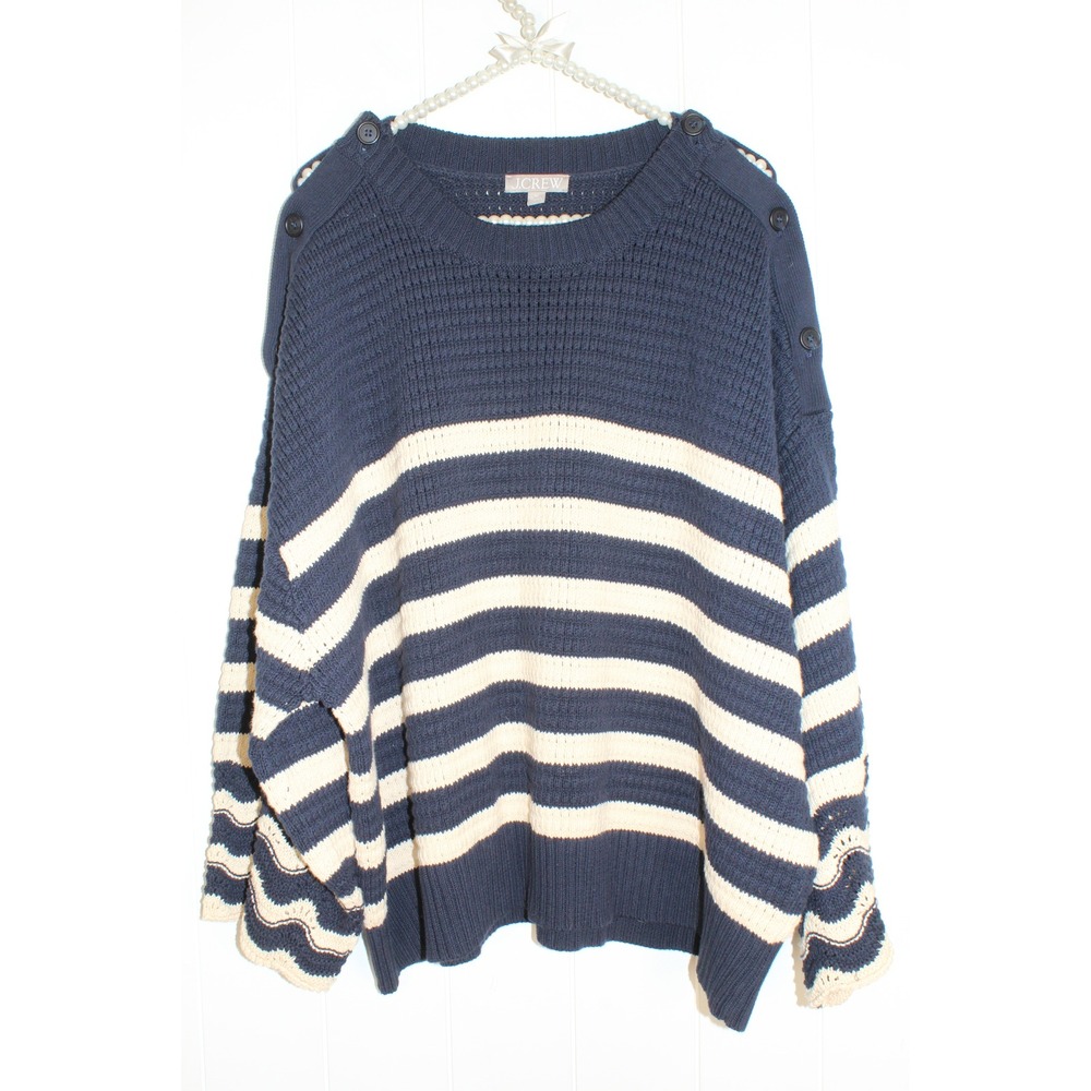 J Crew Navy‎ and Cream Striped Women's Knit Sweater Scalloped Cuff Size 3X NWOT
